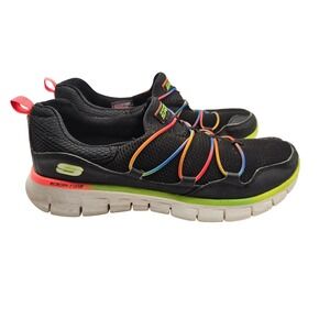 Skechers Women Sz 8 Black Cushioned Shoes Rainbow Laces Memory Foam Slip-on #398